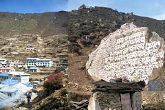 Khumjung 01 View To Ridge Above Namche Bazaar, Path From Namche Bazaar To Khumjung Turns At A Large Mani Rock.jpg
